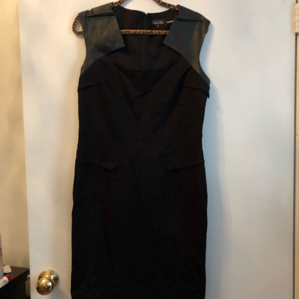 Teri Jon Body Con Black Dress Leather Detail SZ 14